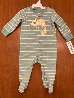 6M Green Striped One-Piece Footed Sleeper with Chameleon